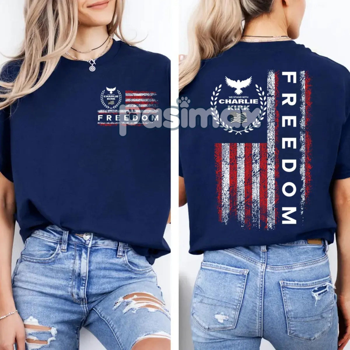 Freedom Charlie Kirk USA Flag T-Shirt - We Stand With Charlie Kirk, 2-Sided Patriotic Tee