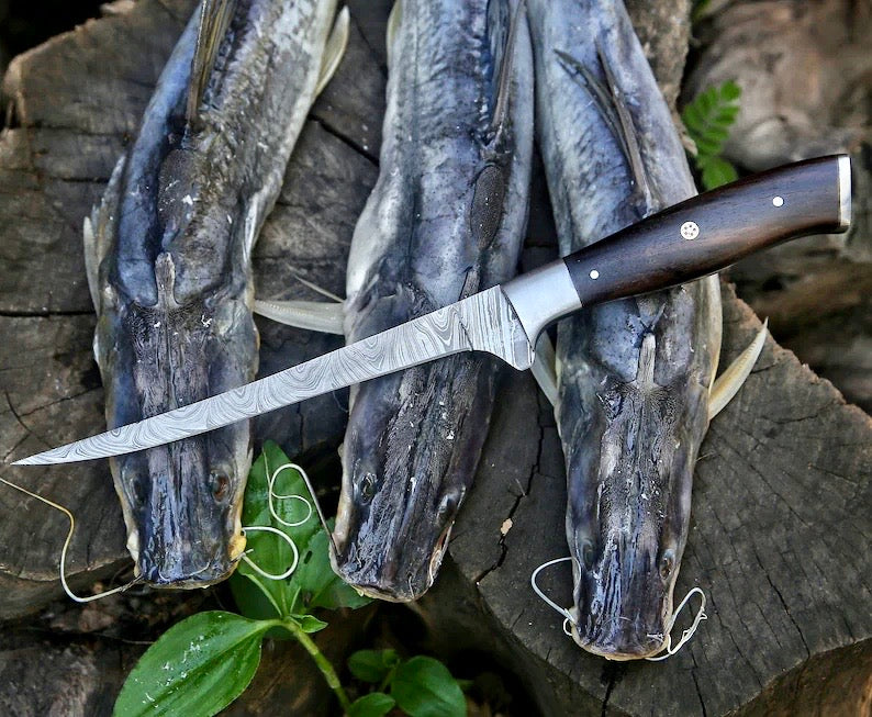 Custom Handmade Damascus Steel Fillet Knife – 13" Rosewood Handle with Leather Sheath
