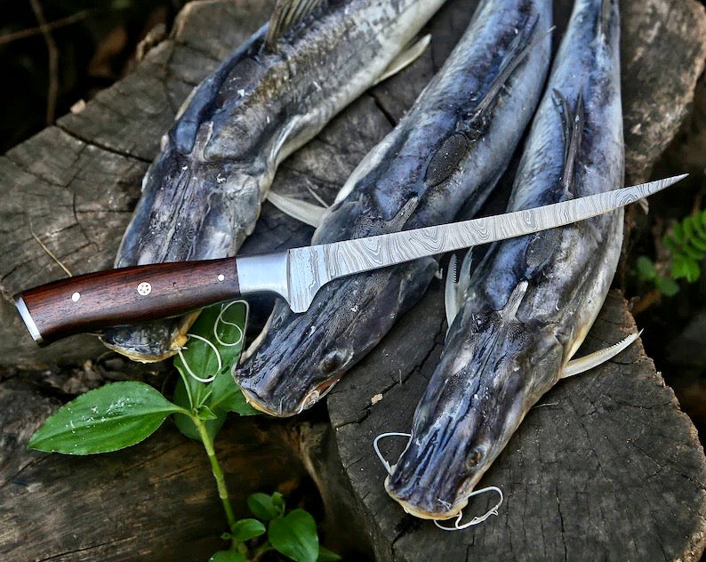 Custom Handmade Damascus Steel Fillet Knife – 13" Rosewood Handle with Leather Sheath