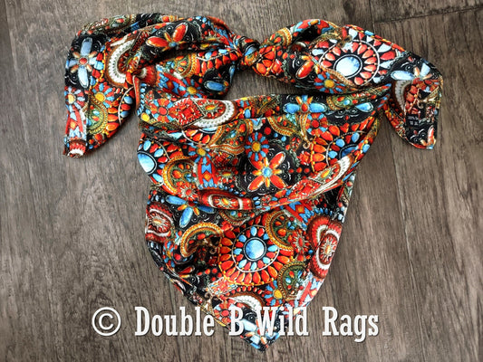 Wild Rag 100% Silk Native Indian Southwest Turquoise and Jewels Cowboy Western Neck Scarf Bandanna by Double B Wild Rags